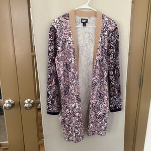 Lands End Womens Large Paisley Print Mid Length Duster Sweater Cardigan